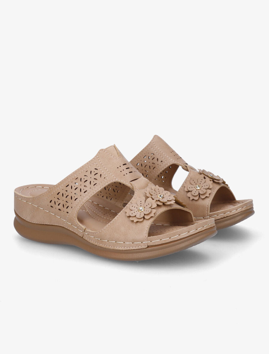 Mules compensées à fleurs - Beige - 4