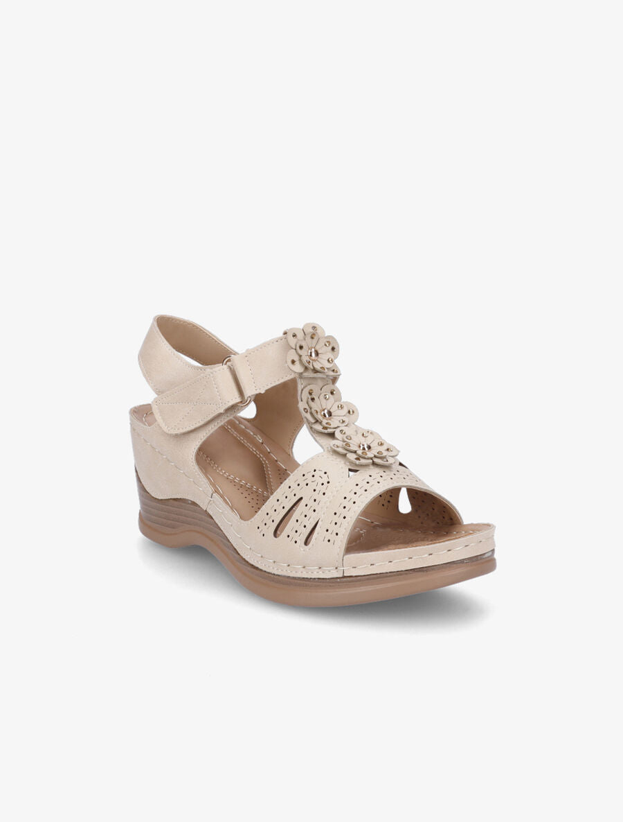 Sandales compensées à fleurs - Beige - 2