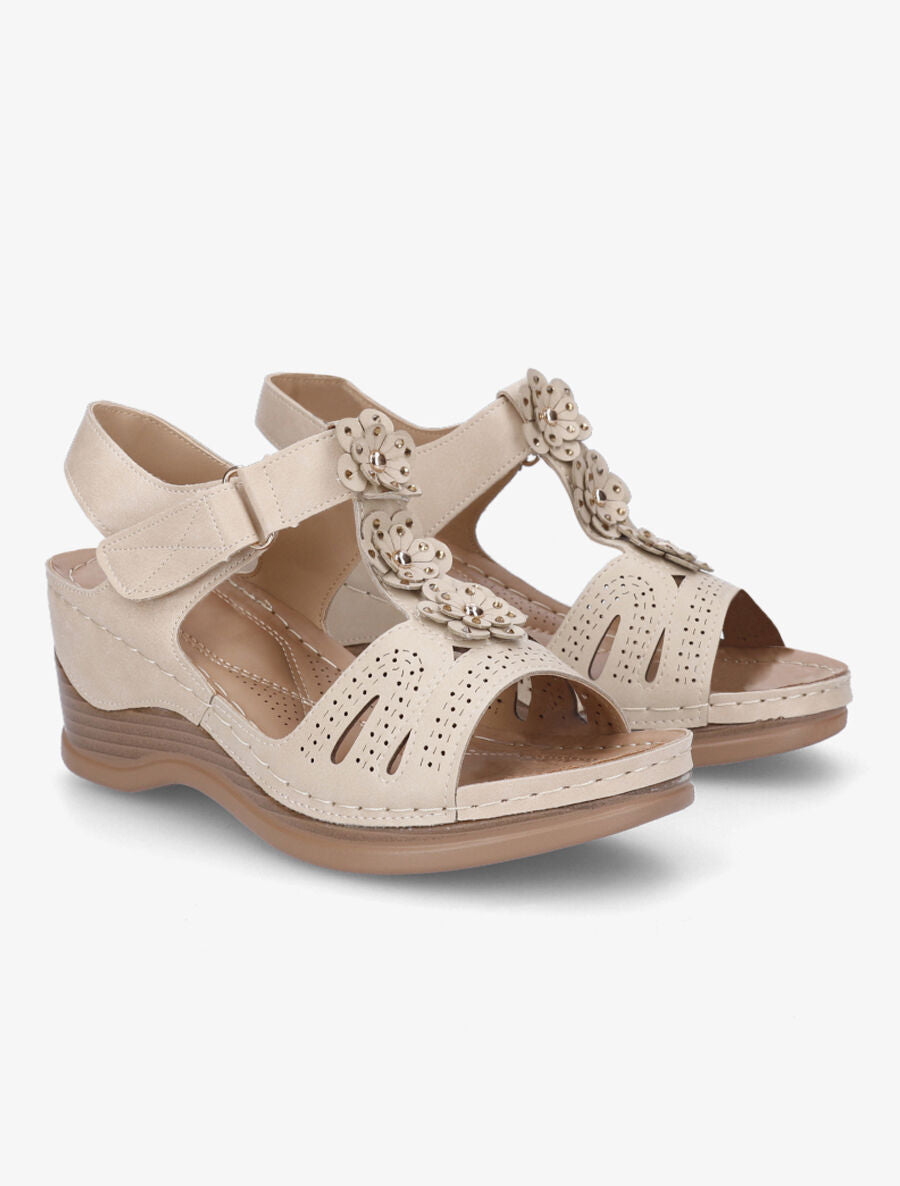 Sandales compensées à fleurs - Beige - 4