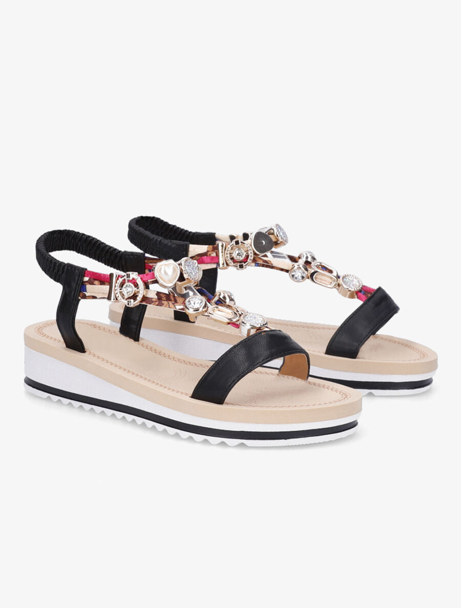 Nu-pieds en simili imprimés et détail bijoux - Noir - 4