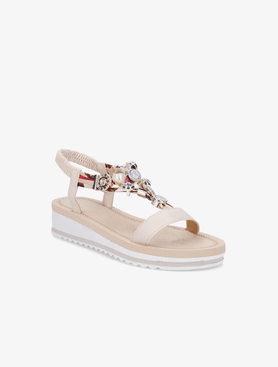 Nu-pieds en simili imprimés et détail bijoux - Beige - 2