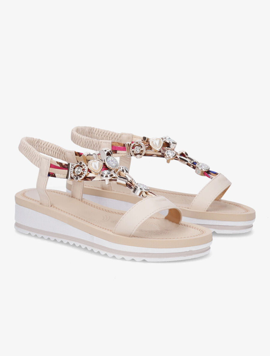 Nu-pieds en simili imprimés et détail bijoux - Beige - 4