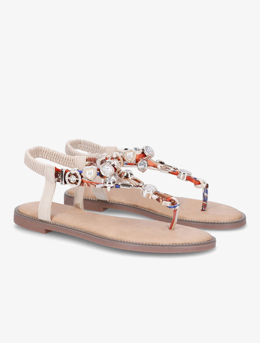 Nu-pieds imprimés à détail bijoux avec strass - Beige - 4