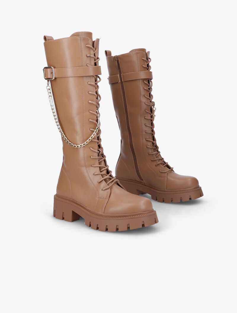 Bottes lacées style rangers à détail chaîne amovible - Camel - 1