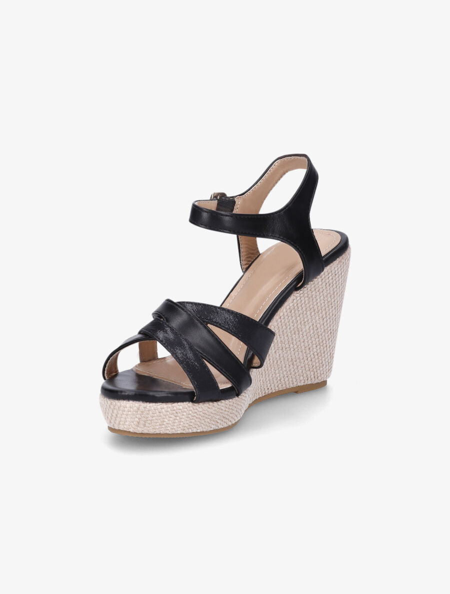 Sandales bi-matière à talon compensé - Noir - 3