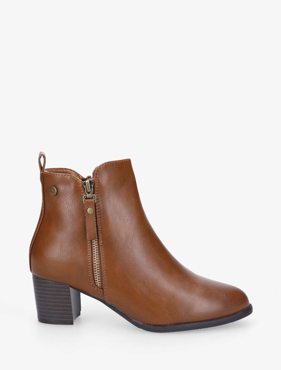 Bottines à zip classiques en simili - Camel - 1