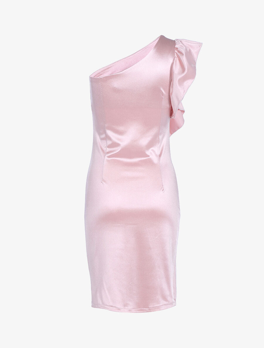 Robe épaule nue et côté volanté - Rose - 2
