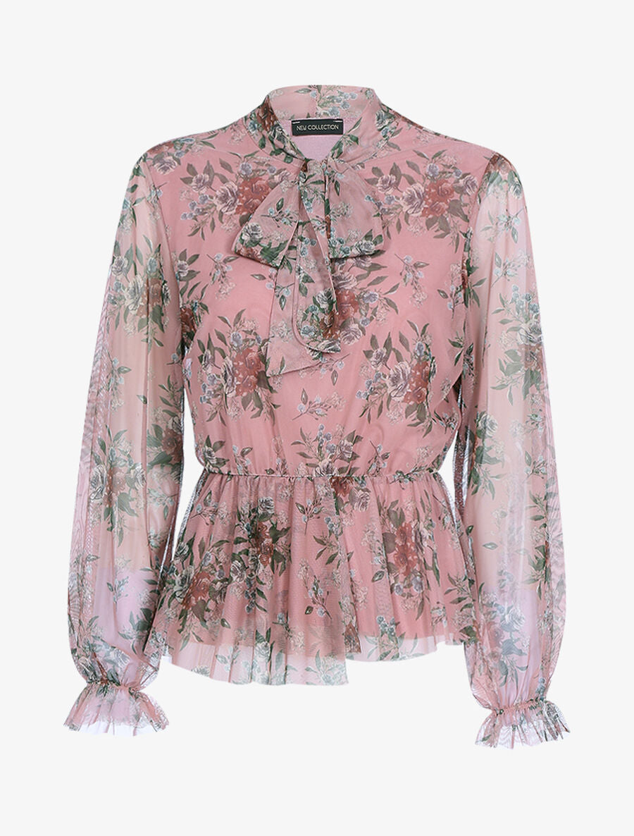 Blouse péplum à col lavallière - Rose - 1