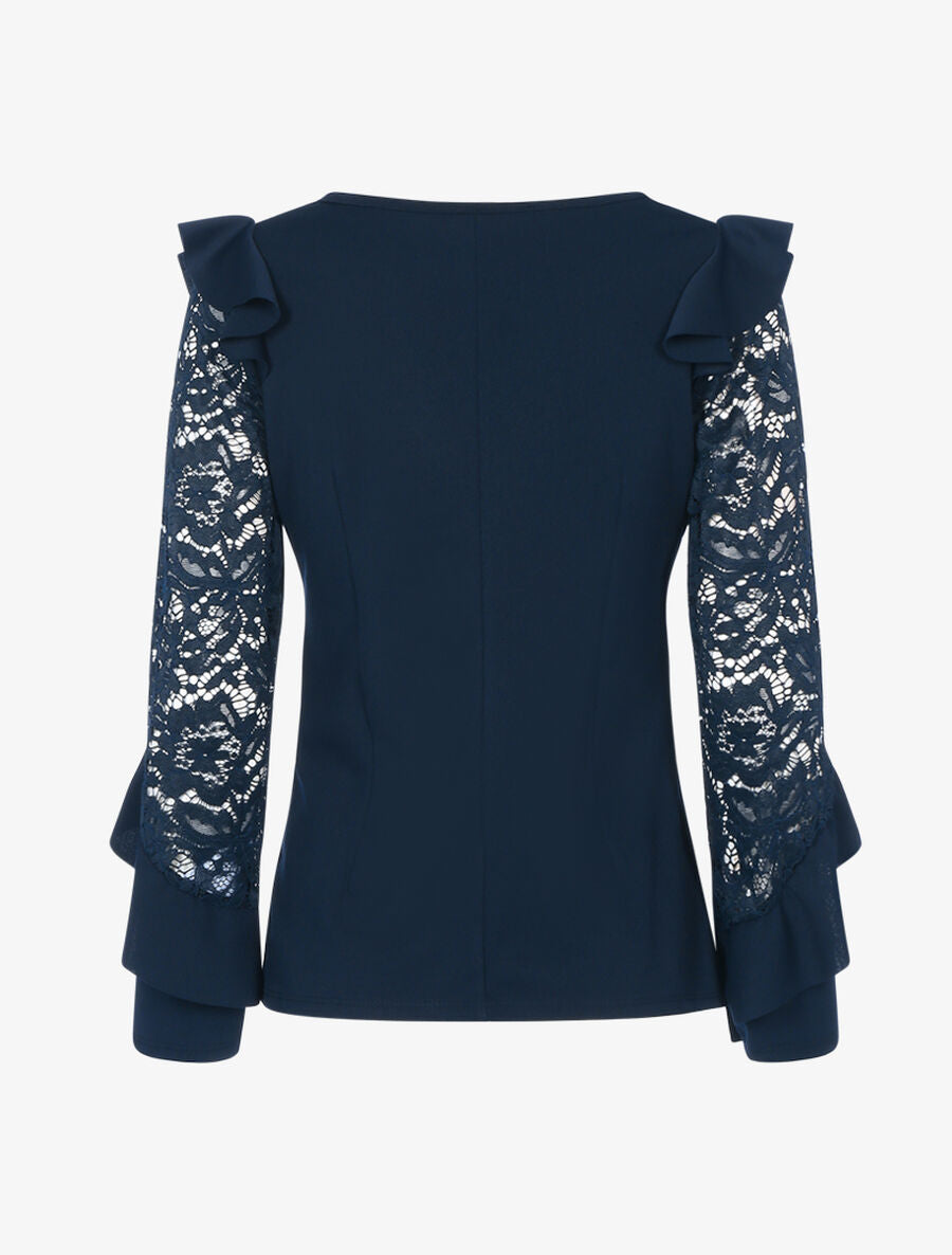 Top à manches en dentelle et volants - Bleu nuit - 2