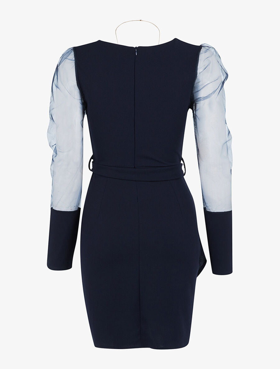 Robe à manches gigot en tulle - Marine - 2
