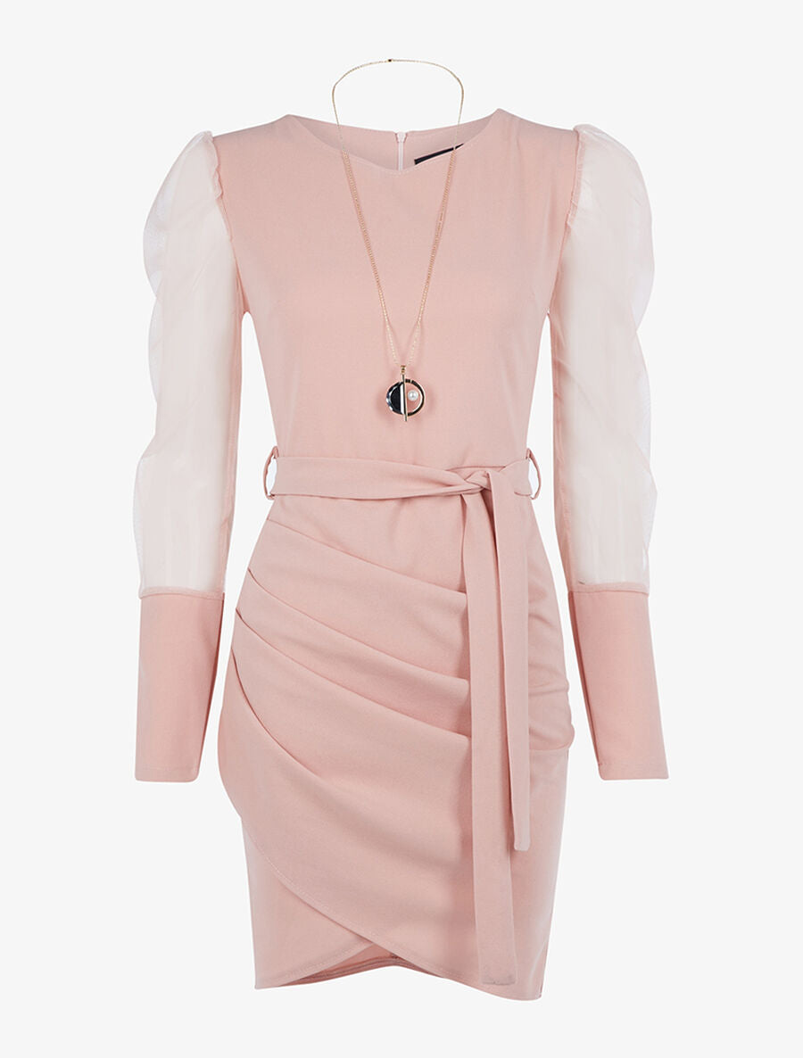 Robe à manches gigot en tulle - Rose - 1