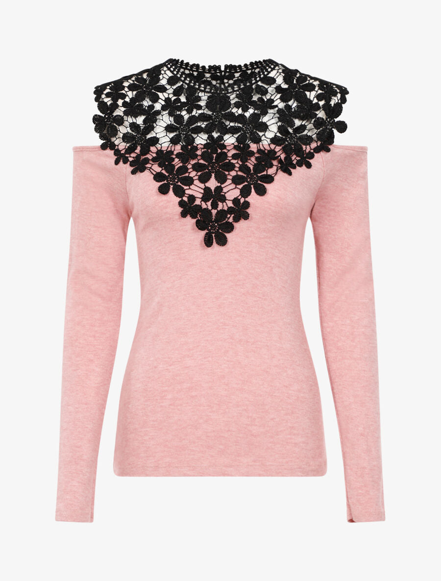 Pull à plastron dentelle et épaules dénudées - Rose - 1
