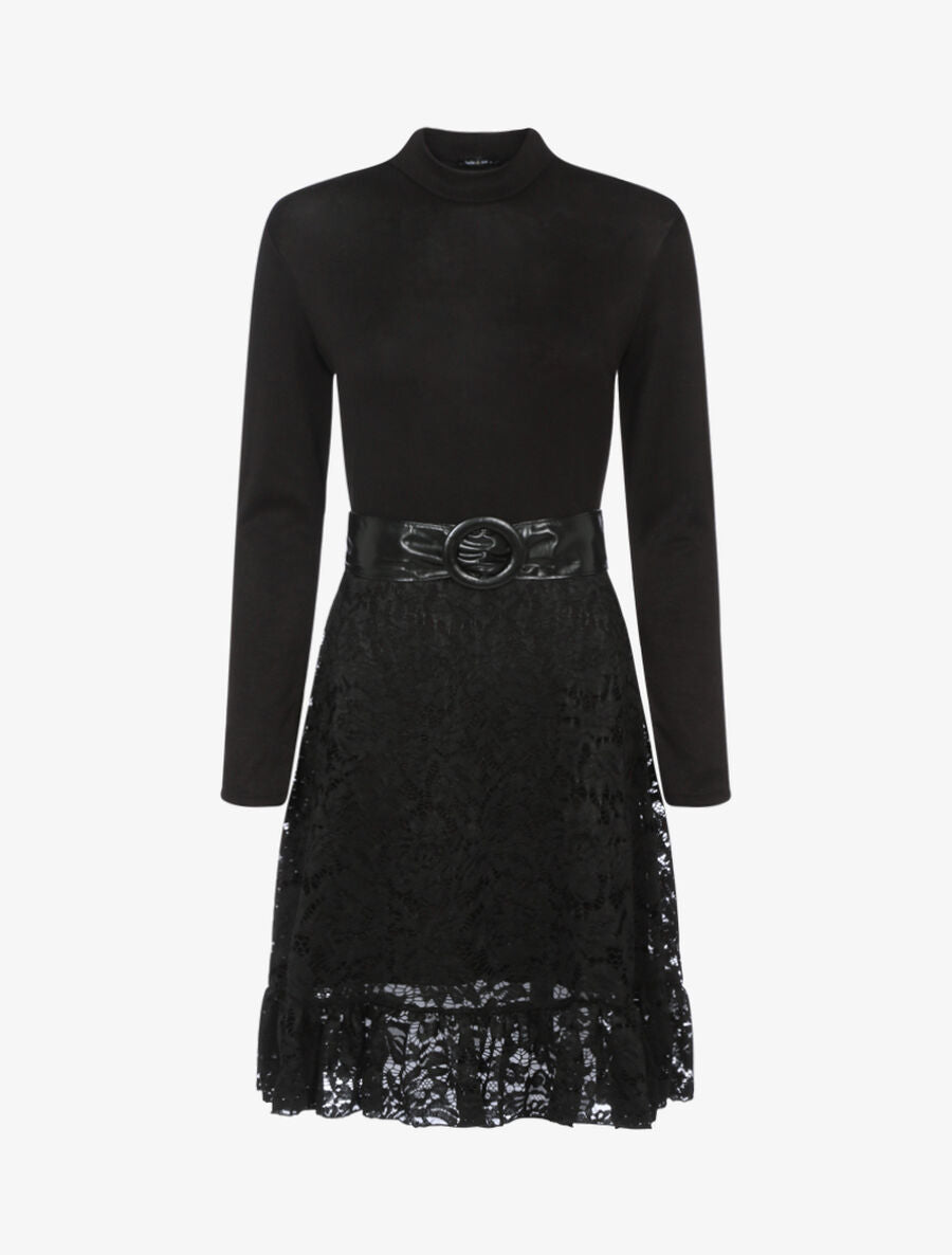 Robe en maille fine et dentelle - Noir - 1