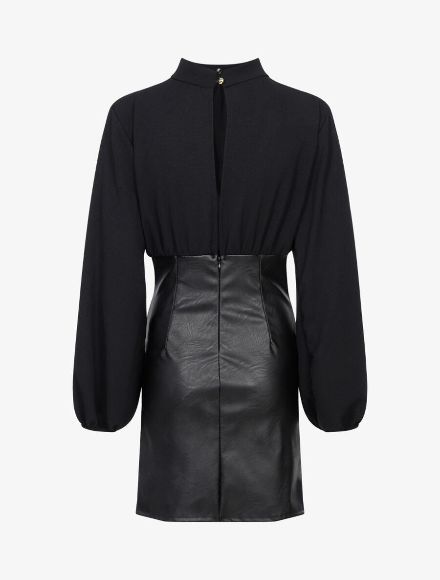 Robe en voile et bas plissé en simili - Noir - 2