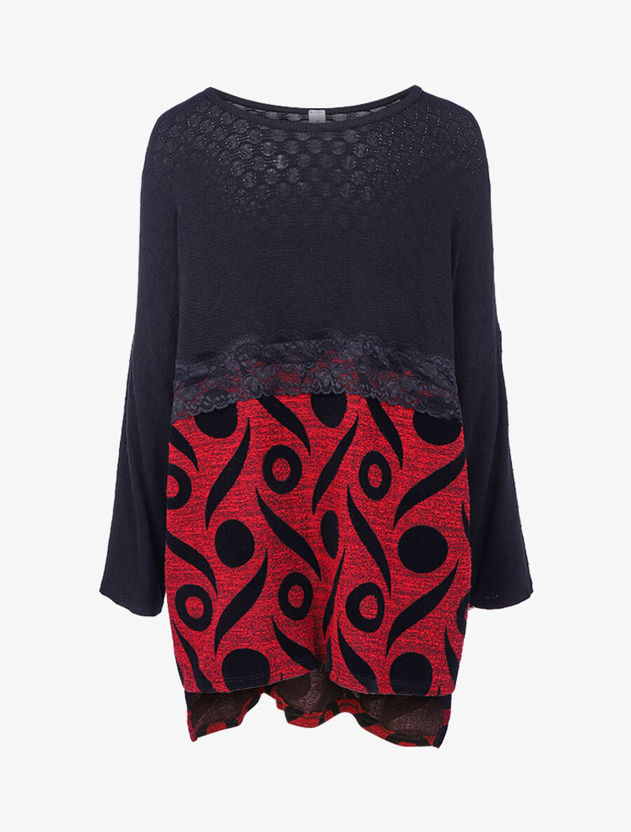 Pull style tunique à flocages stylisés - Noir/rouge - 1