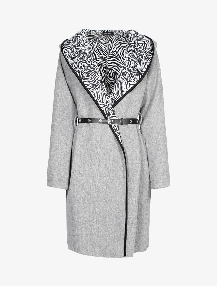 Manteau à capuche et ceinture simili - Gris - 1