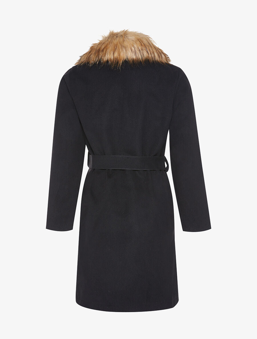 Manteau ceinturé col fourrure - Noir - 2