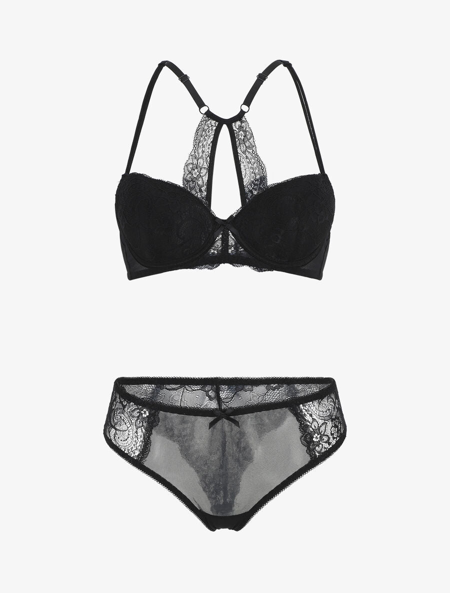 Ensemble push up en dentelle à motif floral - Noir - 2