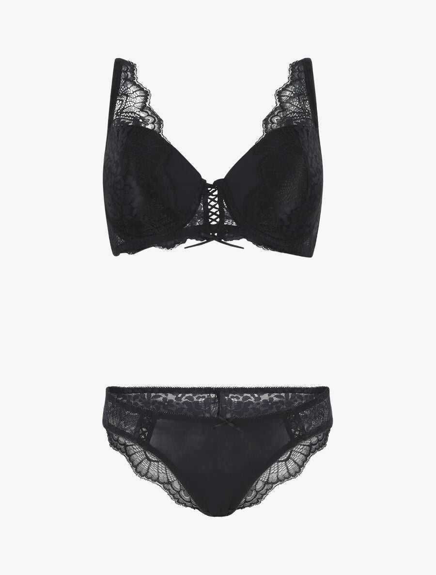 Ensemble push up en dentelle à détail noeud - Noir - 1