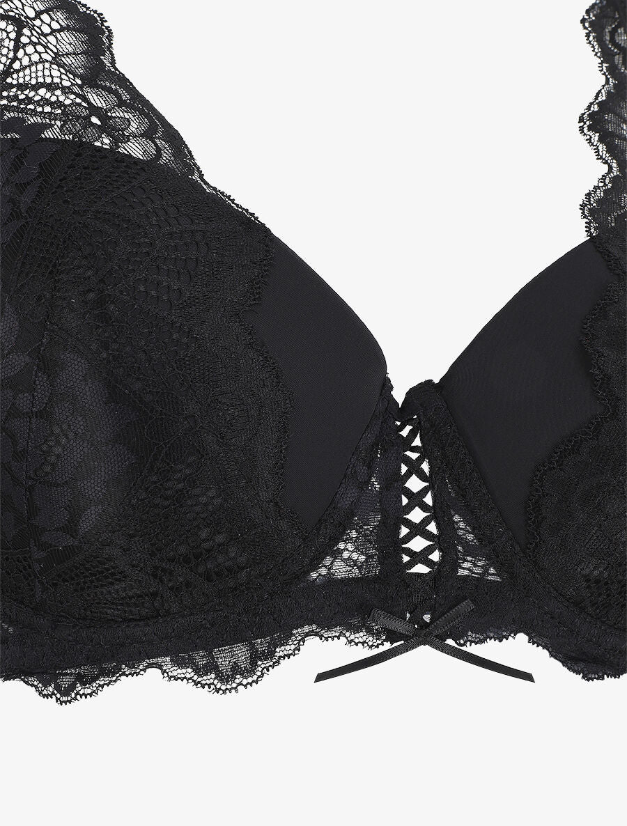 Ensemble push up en dentelle à détail noeud - Noir - 3