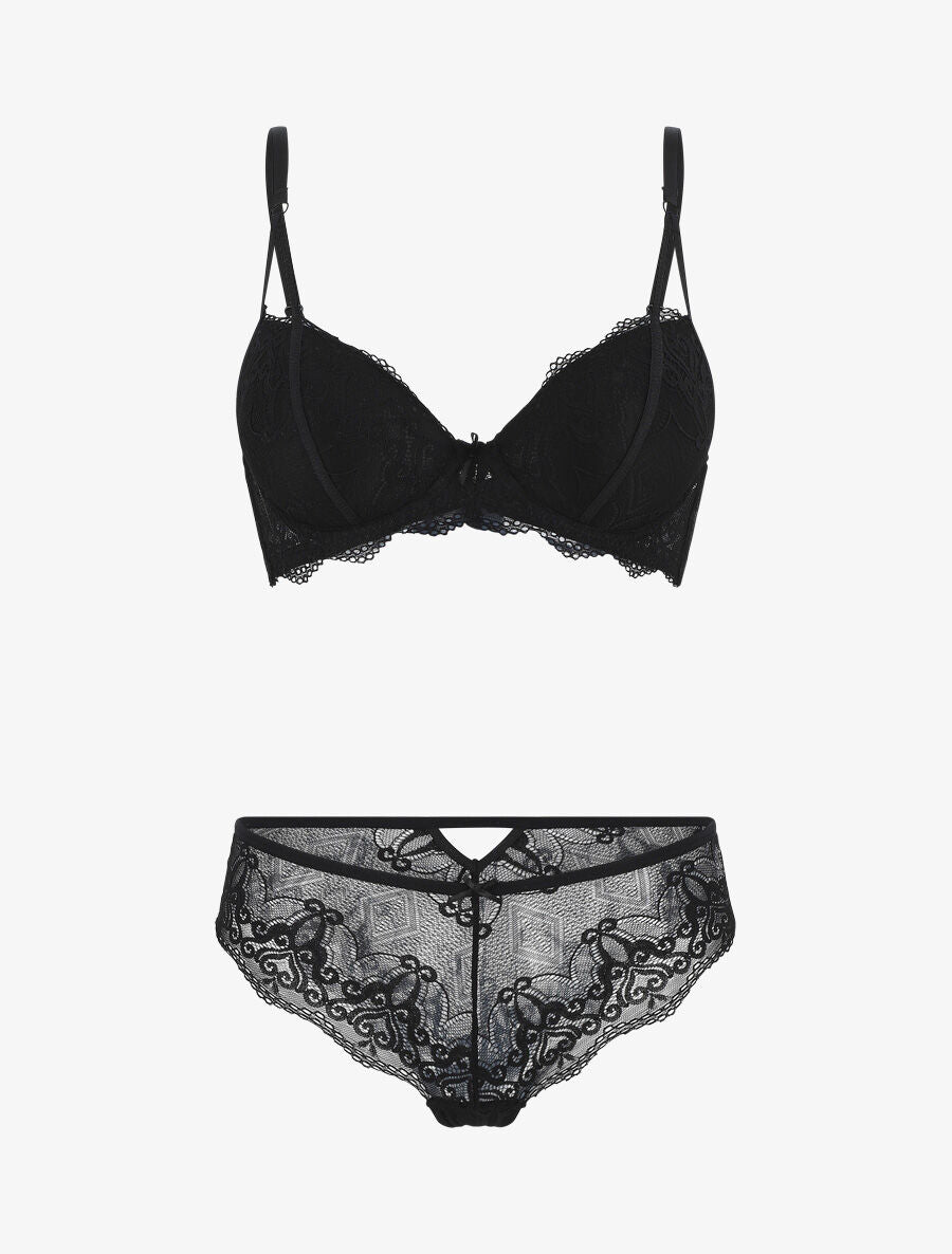 Ensemble push up en dentelle fantaisie - Noir - 1