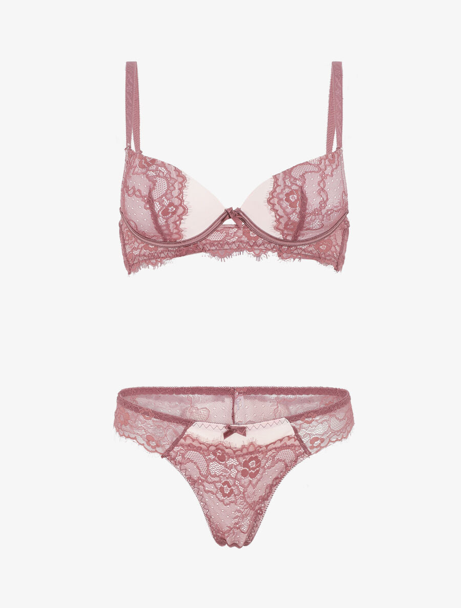 Ensemble soutien-gorge push up et culotte en dentelle - Rose - 2