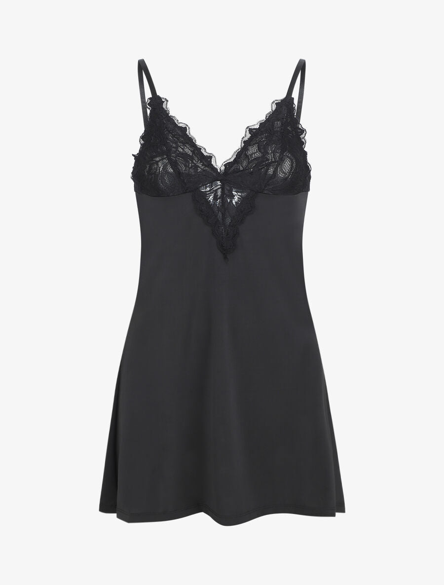Robe nuisette unie et haut en dentelle - Noir - 1