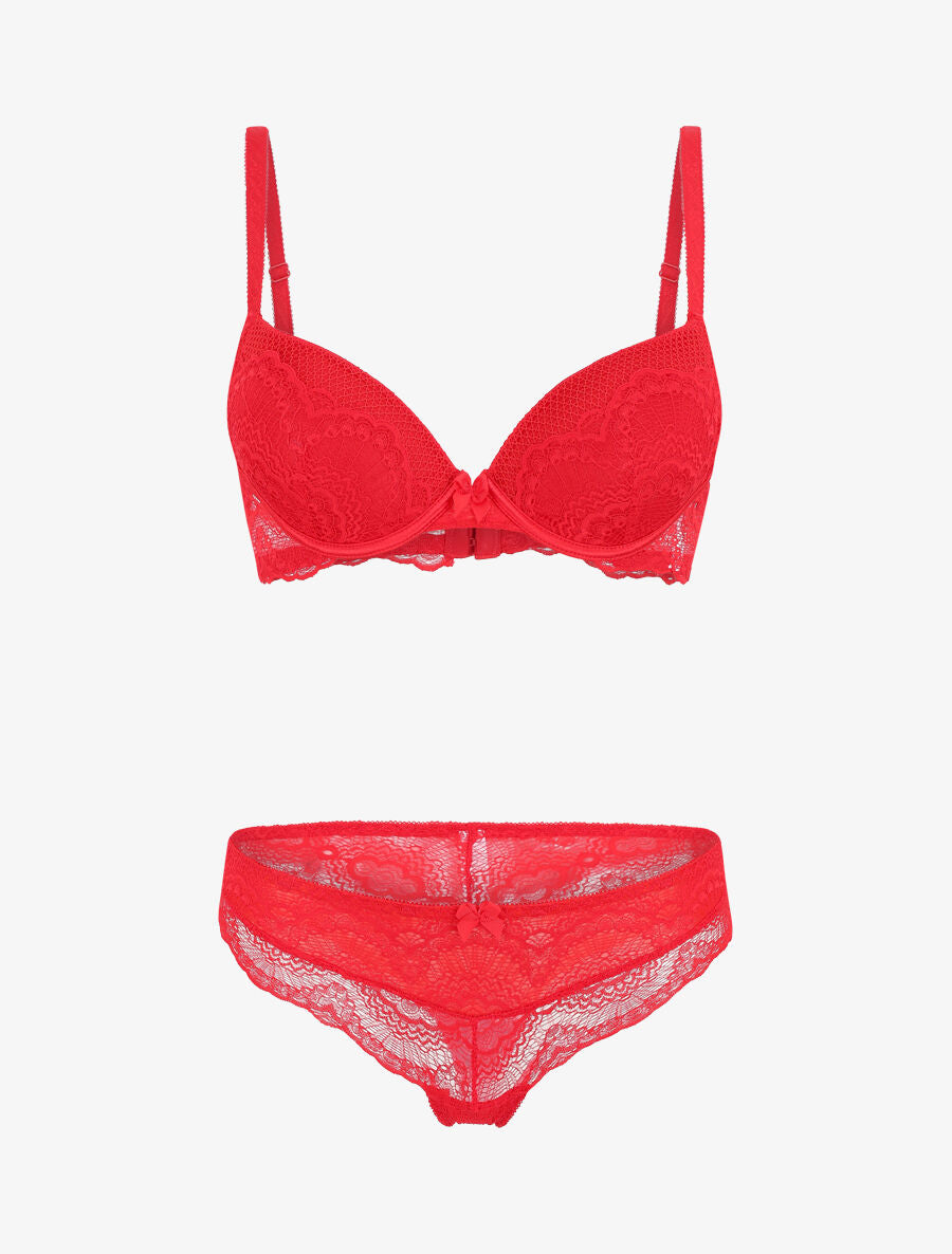 Ensemble push up à motif floral et dentelle - Rouge - 5