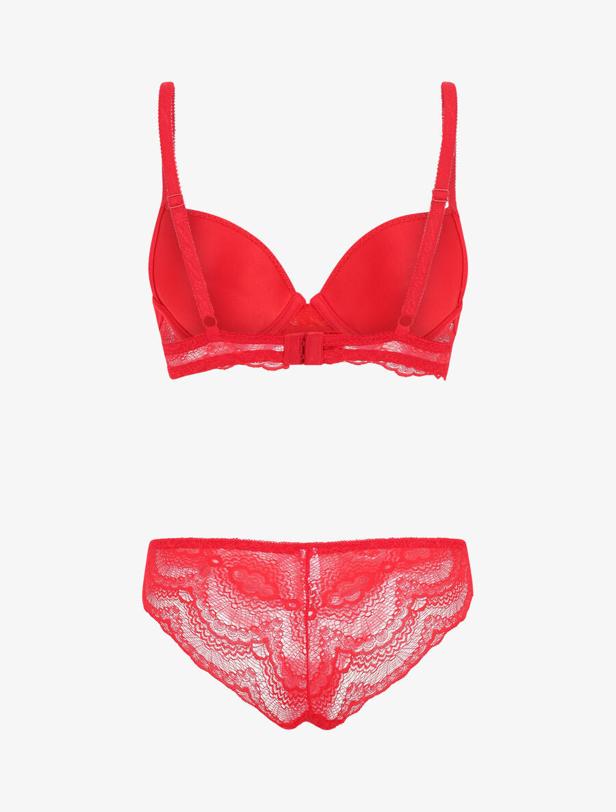 Ensemble push up à motif floral et dentelle - Rouge - 3