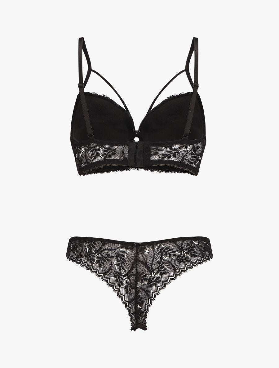 Ensemble lingerie en dentelle à liens - Noir - 2
