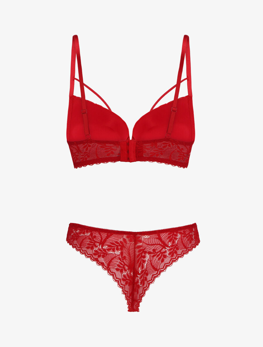 Ensemble lingerie en dentelle à liens - Rouge - 2