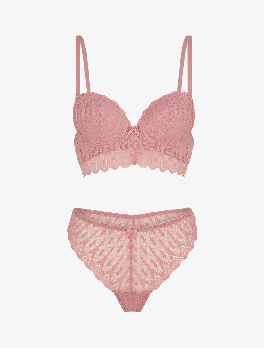 Ensemble soutien-gorge et tanga en dentelle ajourée - Vieux rose - 3
