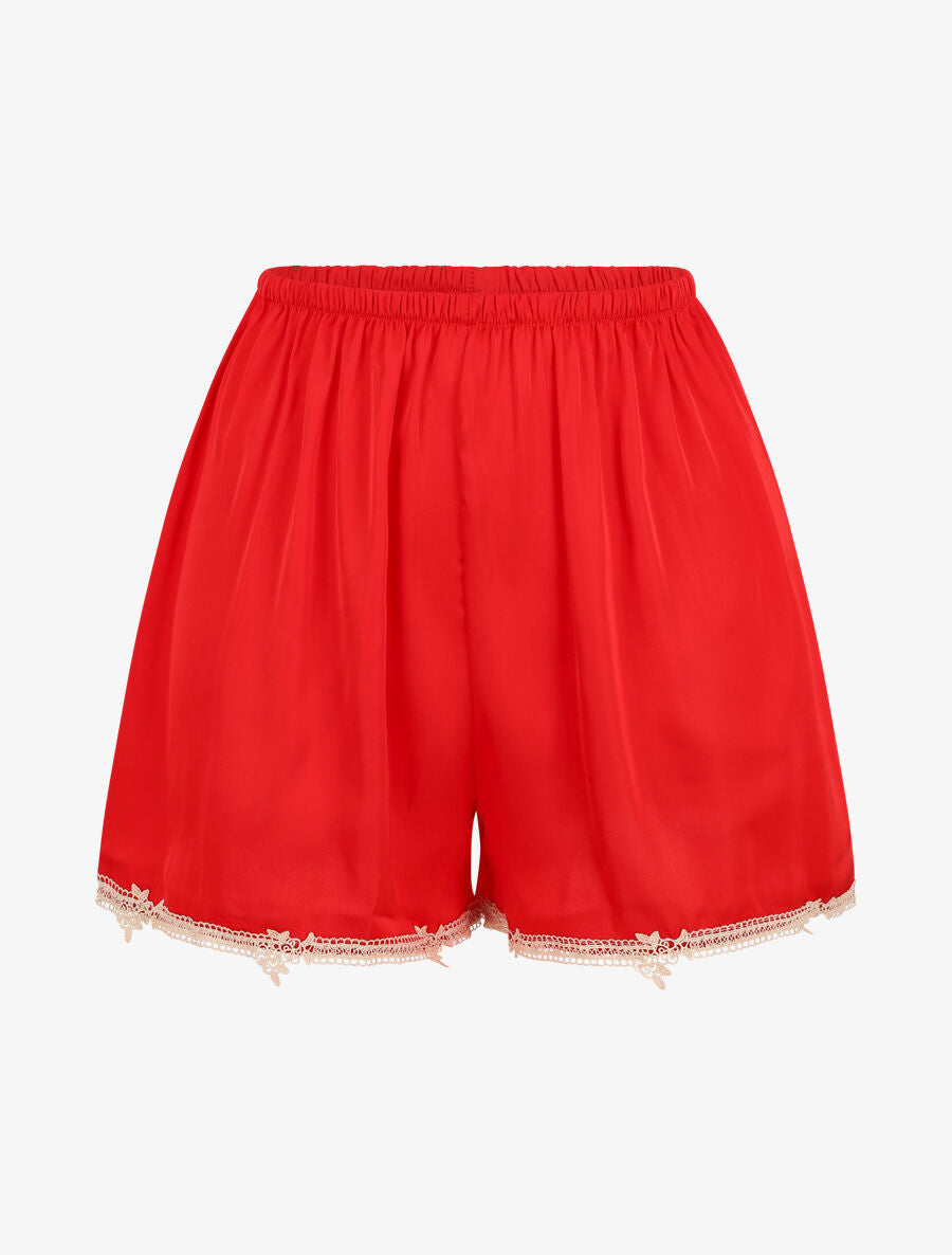 Ensemble caraco et short de pyjama satiné à dentelle - Rouge - 4