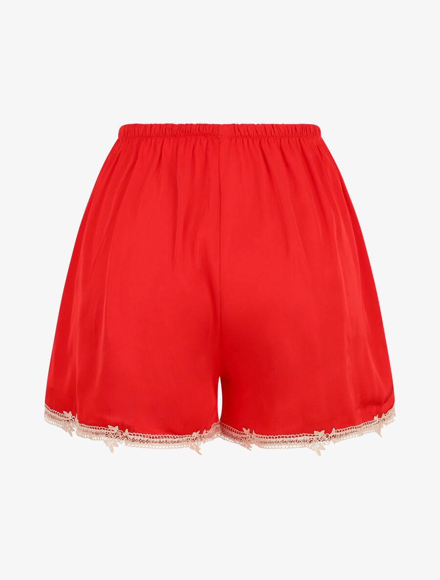 Ensemble caraco et short de pyjama satiné à dentelle - Rouge - 5