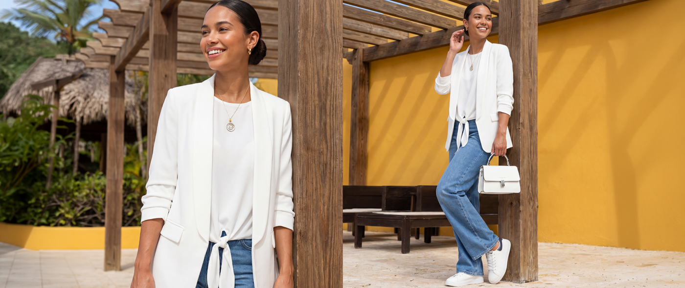 Femme avec veste en jean droite — blazer vs perfecto tendance 2026