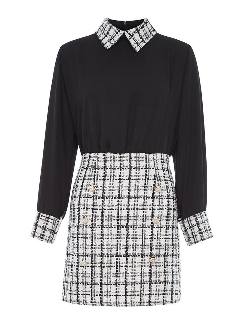 Robe à carreaux col Claudine - blanc et noir - 1