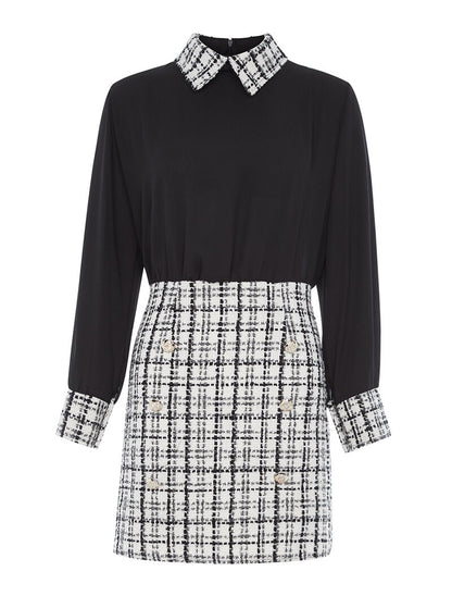 Robe à carreaux col Claudine - blanc et noir - 1