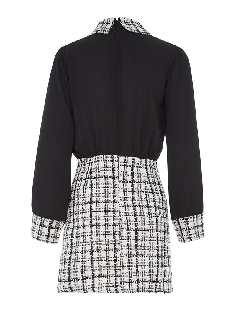 Robe à carreaux col Claudine - blanc et noir - 2