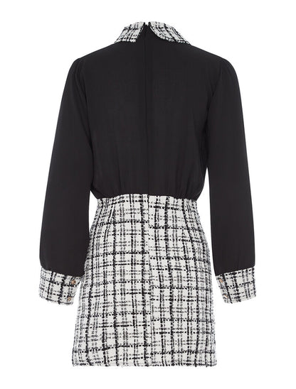 Robe à carreaux col Claudine - blanc et noir - 2