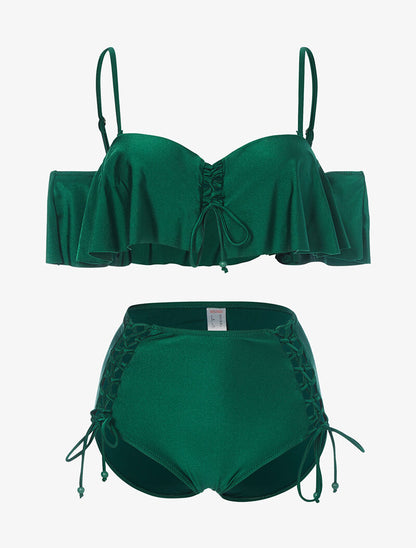 Bikini volanté et taille haute - vert - 1