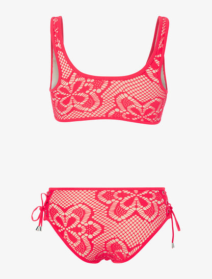 Bikini doublé en crochet - corail fluo/beige - 2