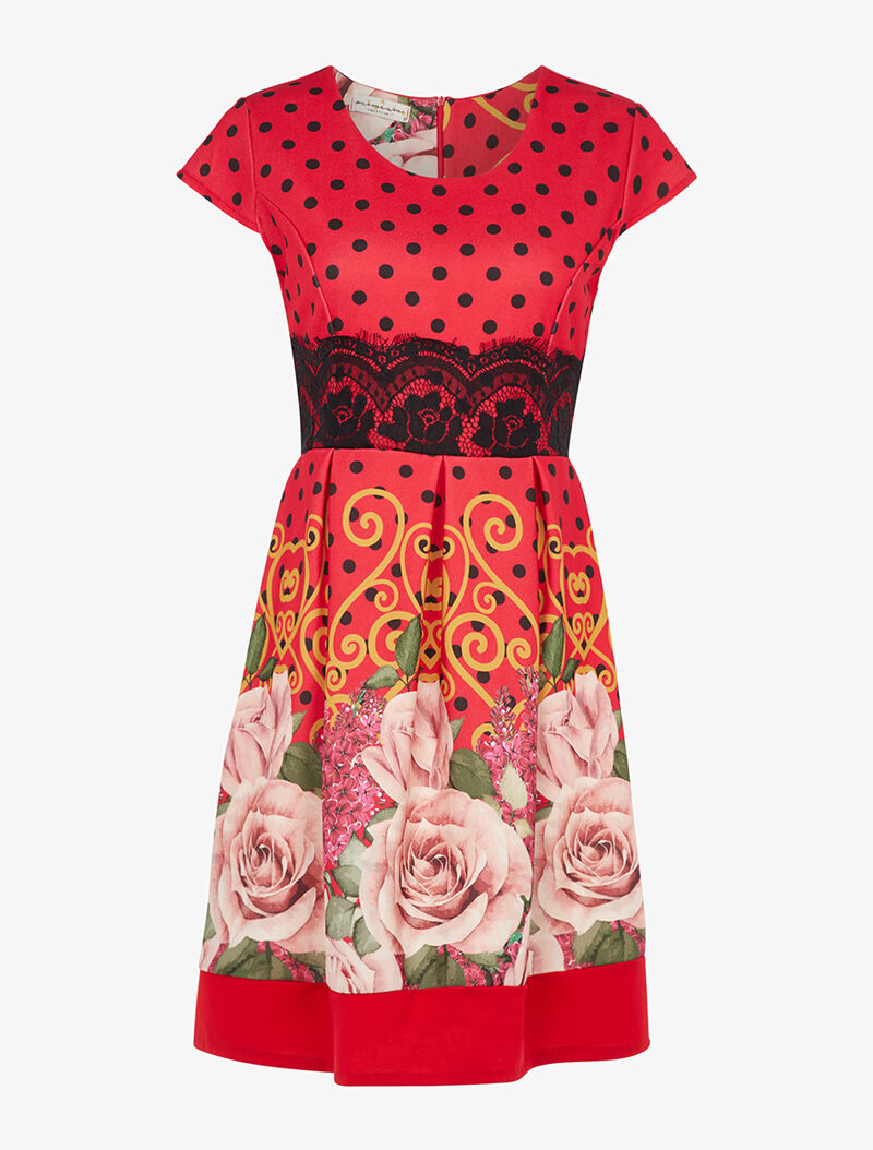 Robe coupe patineuse à pois et roses - rouge - 1