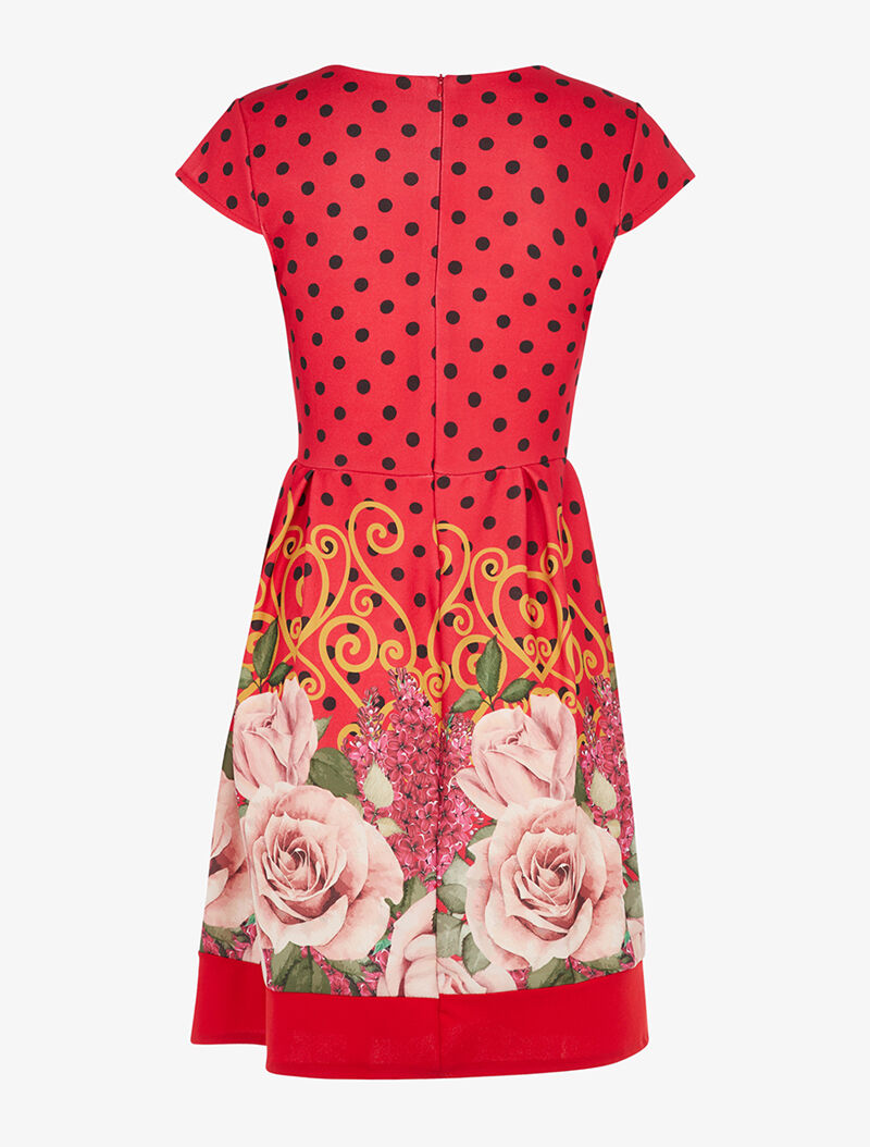 Robe coupe patineuse à pois et roses - rouge - 2