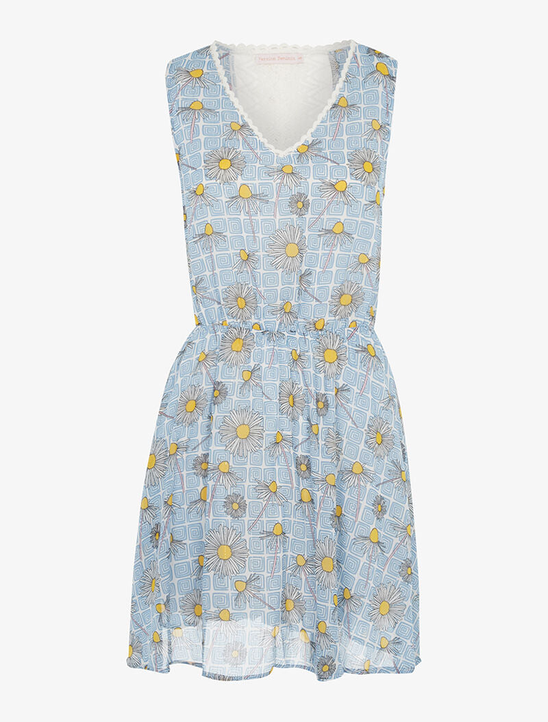 Robe cintrée imprimé marguerites à dos dentelle - bleu - 3