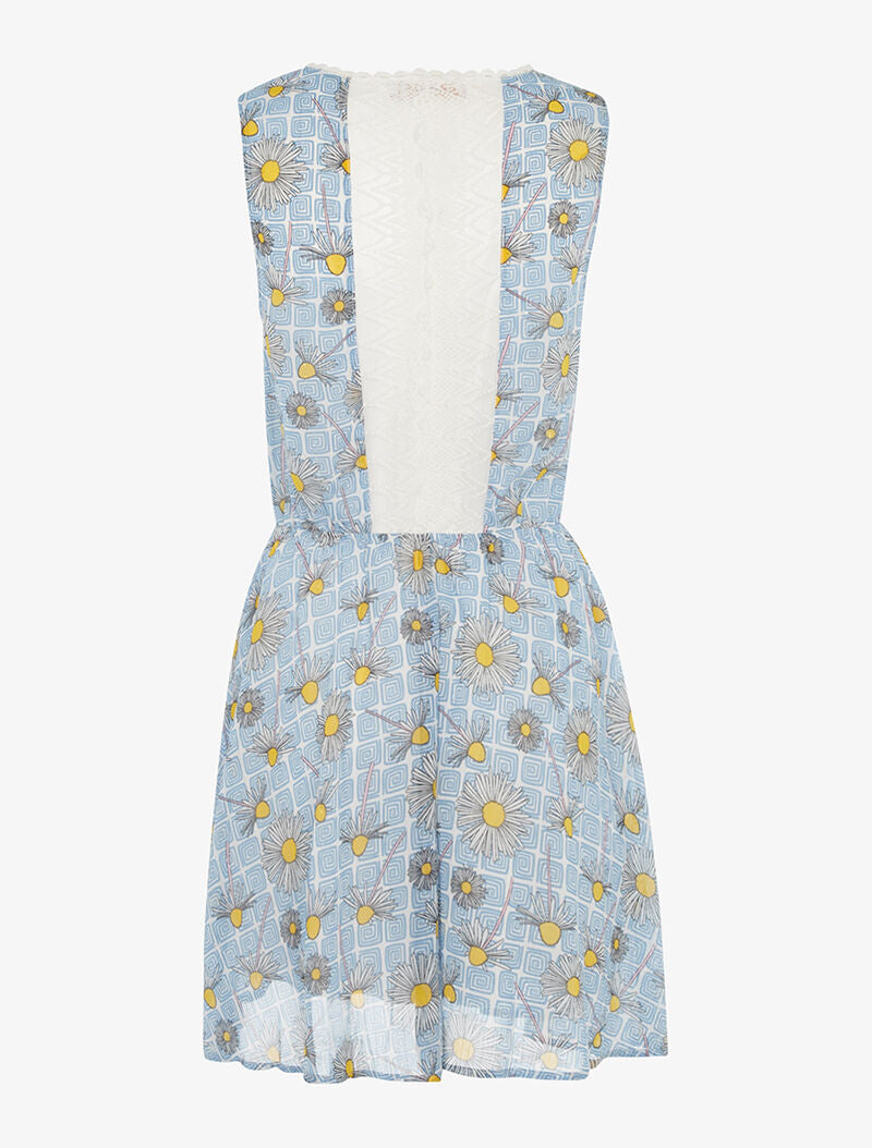 Robe cintrée imprimé marguerites à dos dentelle - bleu - 2