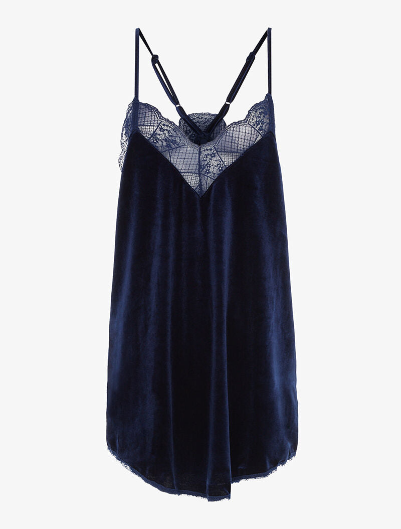 Caraco long en velours et bord dentelle - bleu nuit - 3