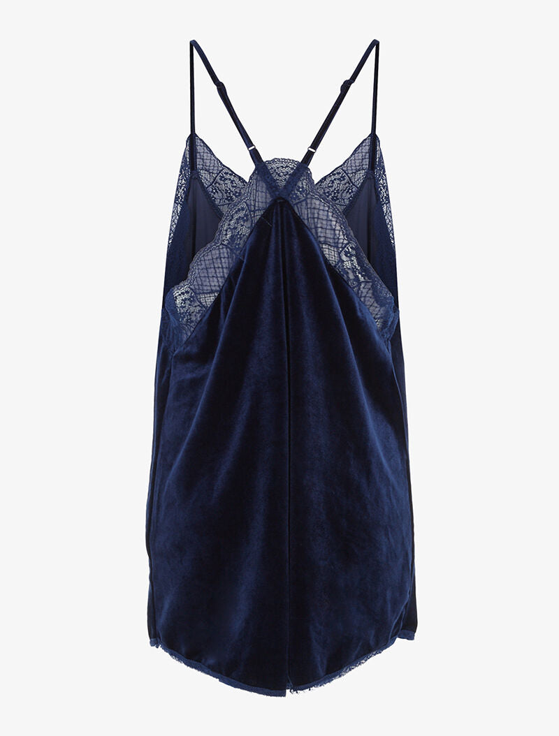 Caraco long en velours et bord dentelle - bleu nuit - 2
