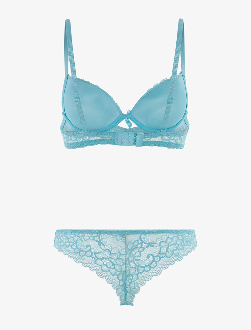 Ensemble en dentelle fine fleurie et tanga - turquoise - 2