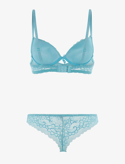 Ensemble en dentelle fine fleurie et tanga - turquoise - 2