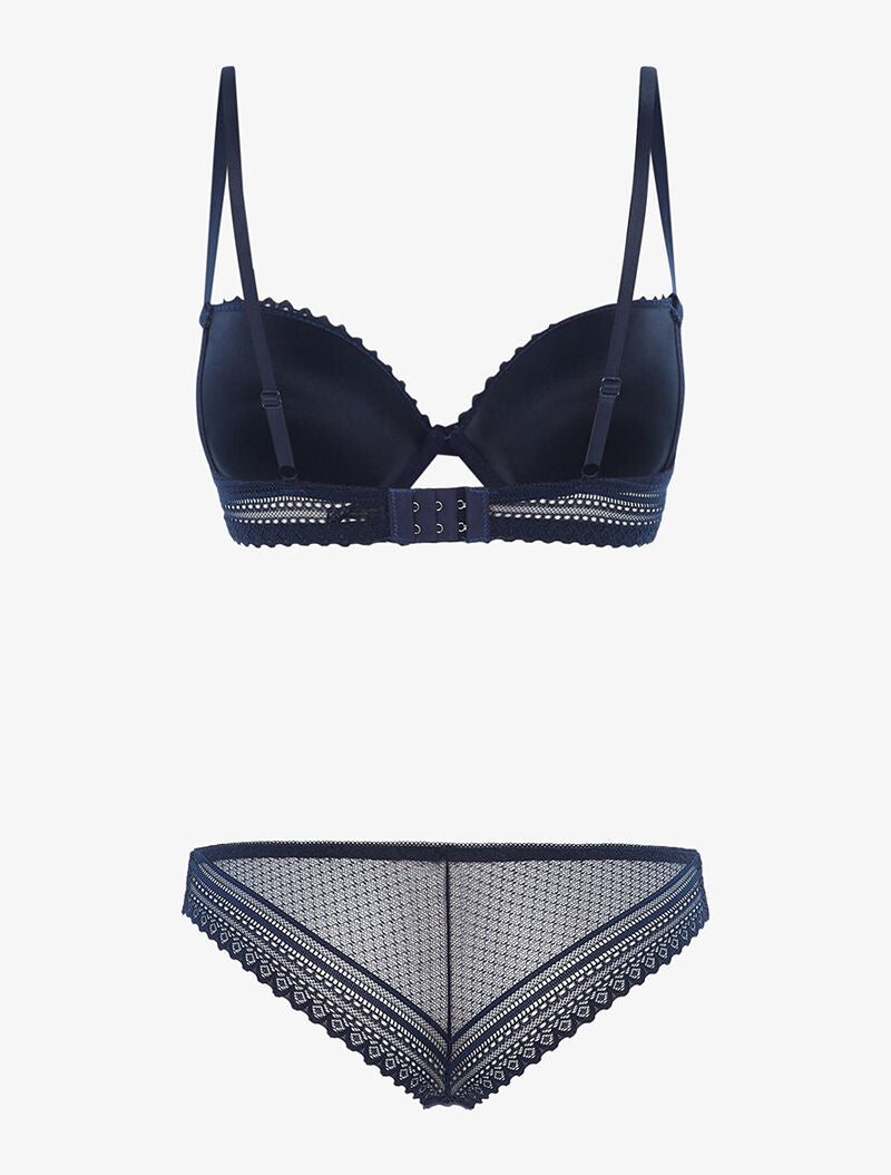 Ensemble dentelle ajourée et tanga - bleu nuit - 2